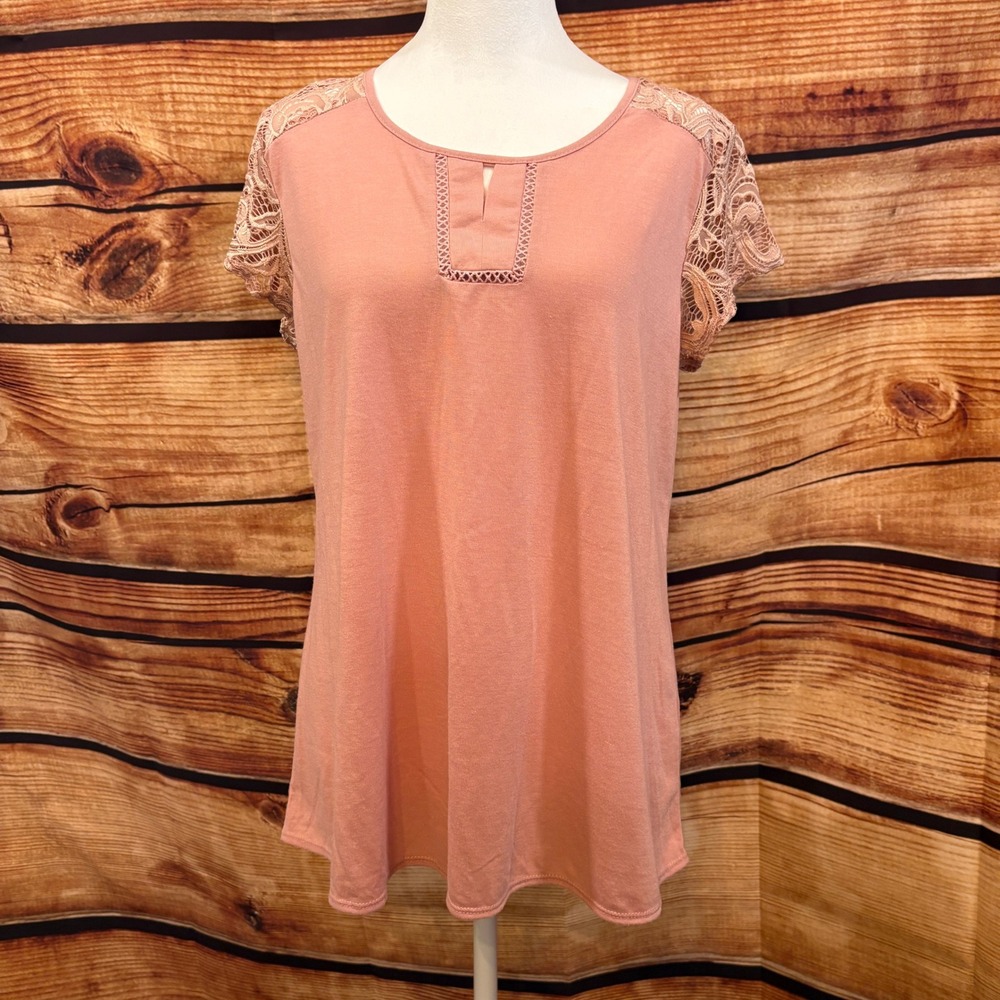 Womens Pink 1/4 Length Cap Sleeve/Back Boho Lace Detail Scoop Neck Size L‎